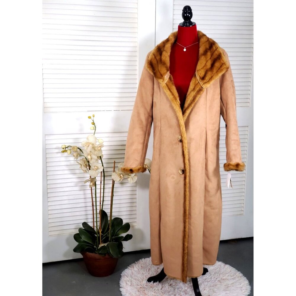 NWT Jones New York Women's Tan Suede Faux Fur Lined Long Jacket Sz L 1111 - Picture 3 of 16